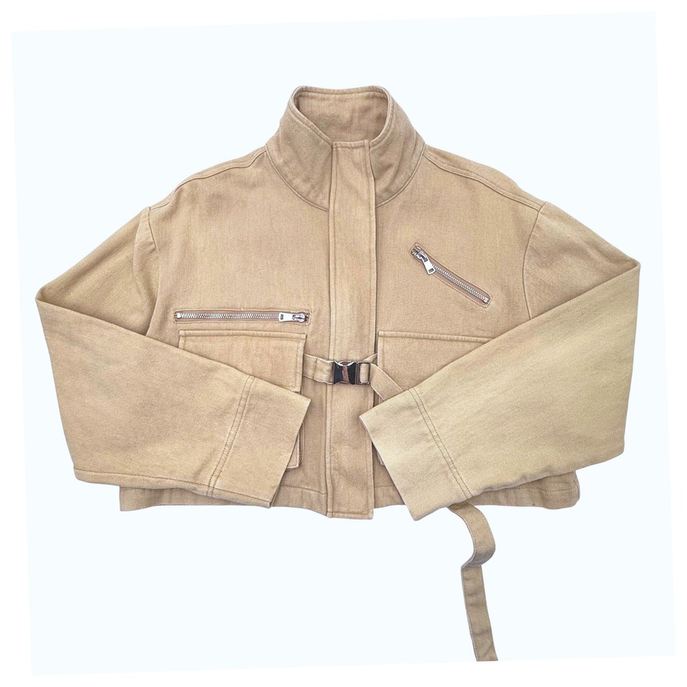 Eggie Utility Cropped Jacket Khaki Tan Cotton Cargo Buckle Pocket Jacket Women's - Picture 2 of 11